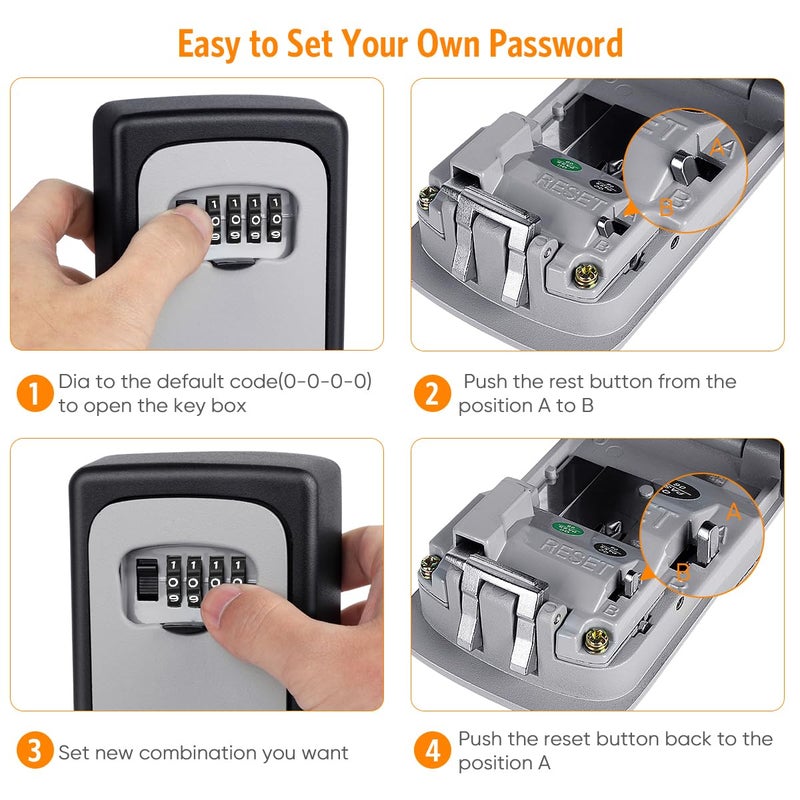 Fayleeko Key Lock Box Wall Mounted, Fayleeko 4 Digit Combination Lockbox for Outside, House Keys - 5 Keys Capacity, Key Safe Security Storage Lock Box for Indoor, Outdoor, Garage, Garden, Store (Grey, 1Pack) - Image 5